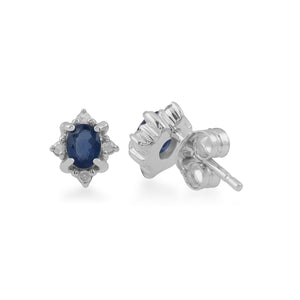 Classic Oval Sapphire & Diamond Cluster Stud Earrings in 9ct White Gold