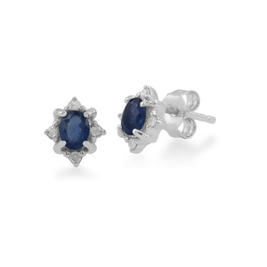 Classic Oval Sapphire & Diamond Cluster Stud Earrings in 9ct White Gold