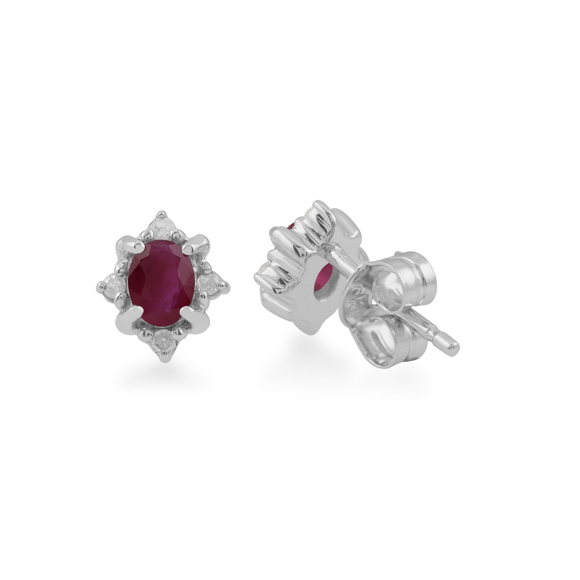 Classic Oval Ruby & Diamond Cluster Stud Earrings in 9ct White Gold