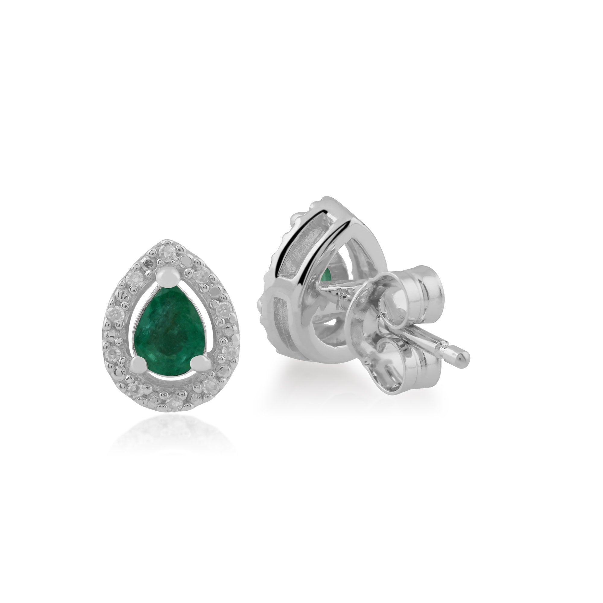 Classic Pear Emerald & Diamond Halo Stud Earrings in 9ct White Gold