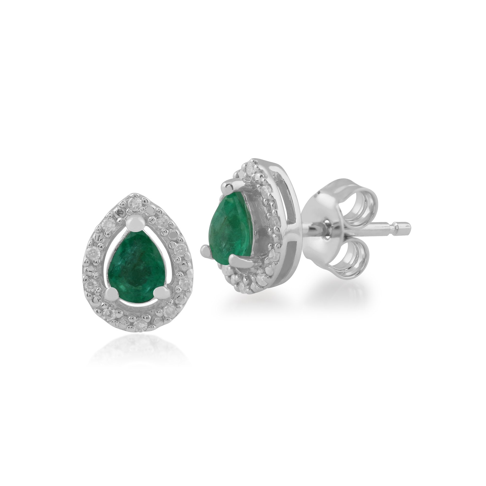 Classic Pear Emerald & Diamond Halo Stud Earrings in 9ct White Gold