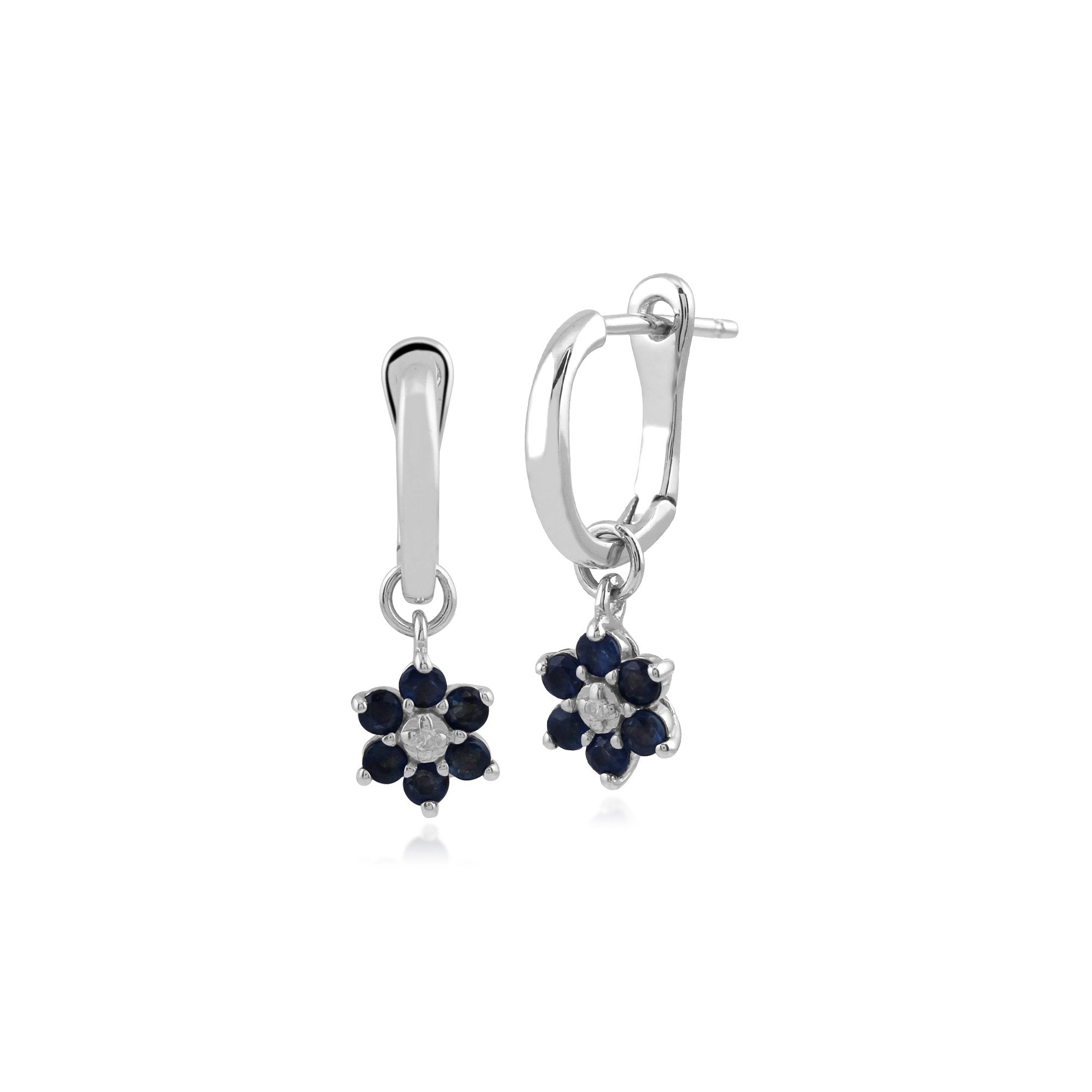 Floral Round Sapphire & Diamond Omega Back Hoop Earrings in 9ct White Gold