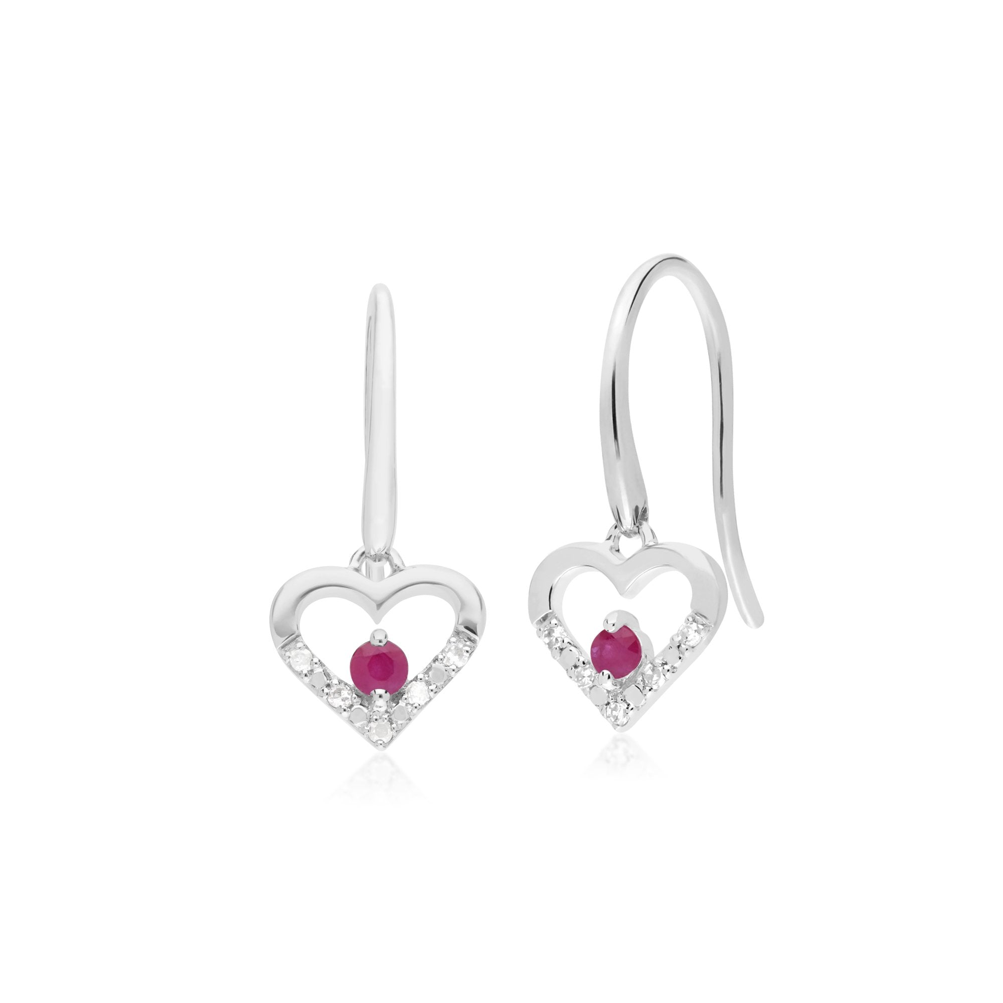 Classic Round Ruby & Diamond Love Heart Shaped Drop Earrings in 9ct White Gold