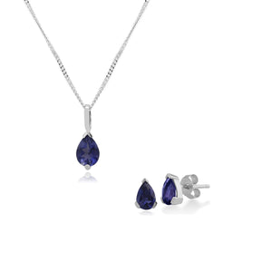 Classic Pear Iolite Single Stone Stud Earrings & Pendant Set in 9ct White Gold