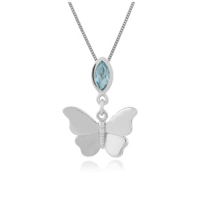Classic Marquise Blue Topaz Butterfly Pendant in 9ct White Gold