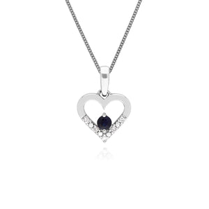 Classic Round Sapphire & Diamond Love Heart Shaped Pendant in 9ct White Gold