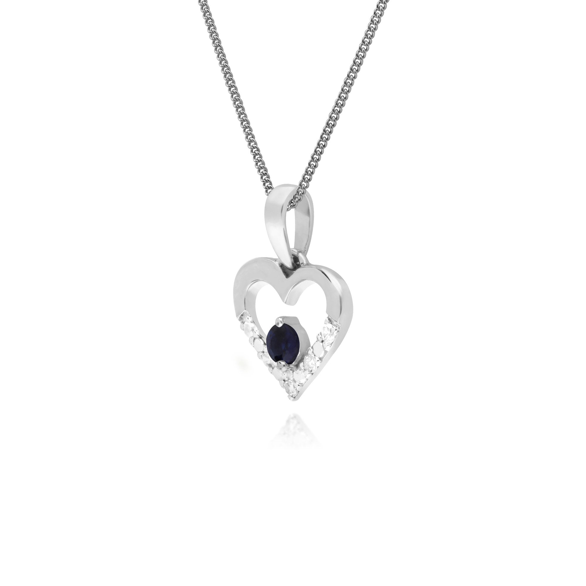 Classic Round Sapphire & Diamond Love Heart Shaped Pendant in 9ct White Gold