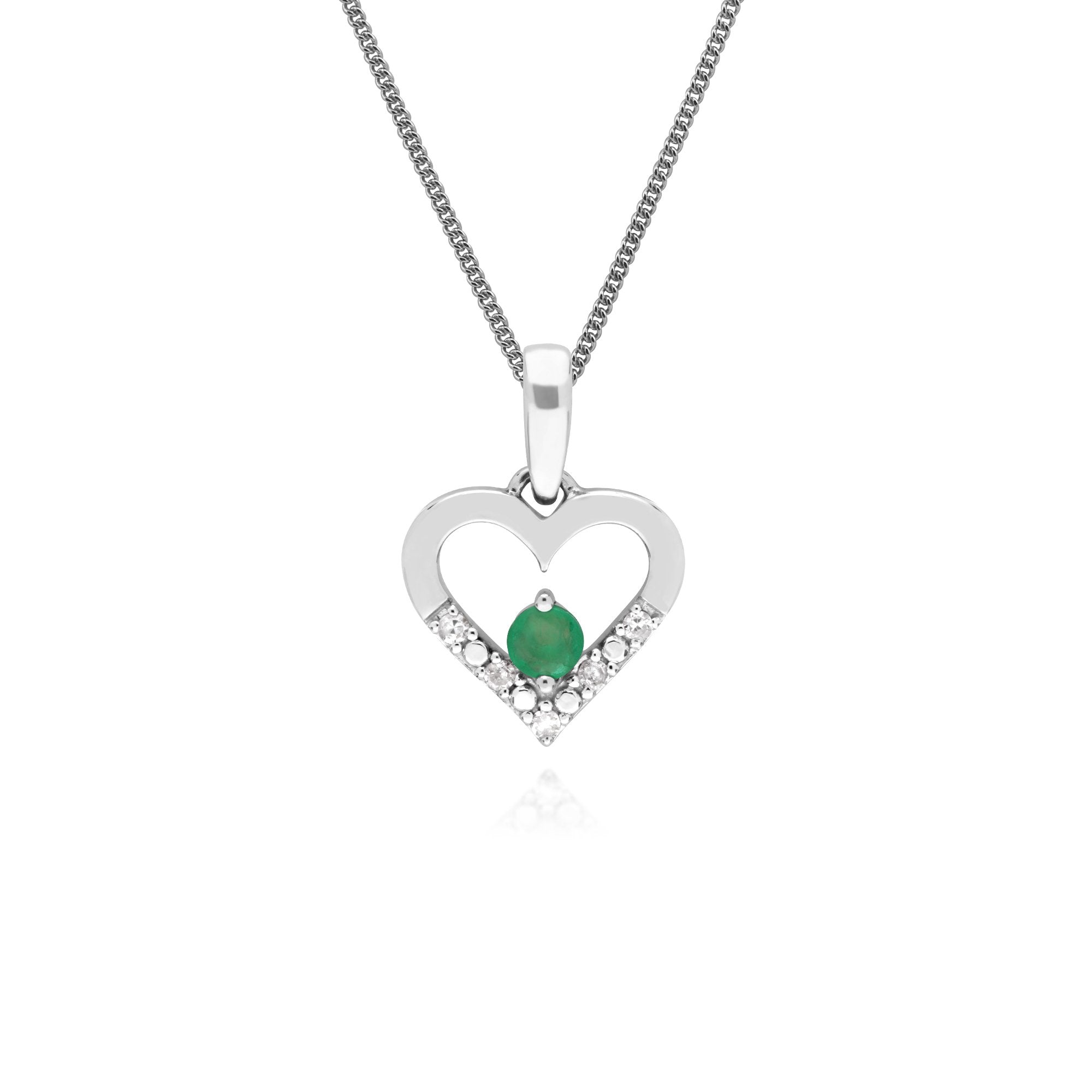 Classic Round Emerald & Diamond Love Heart Shaped Pendant in 9ct White Gold