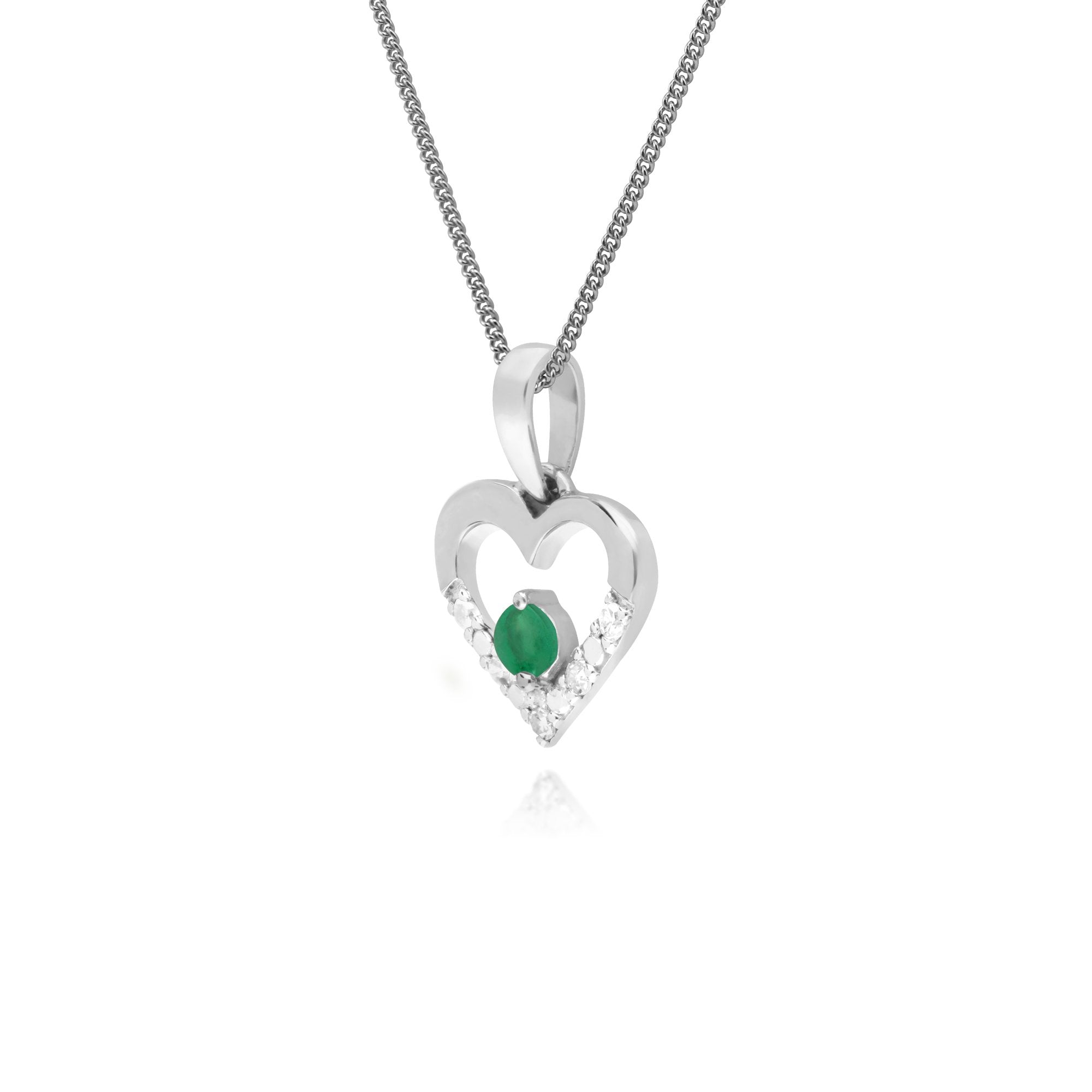 Classic Round Emerald & Diamond Love Heart Shaped Pendant in 9ct White Gold