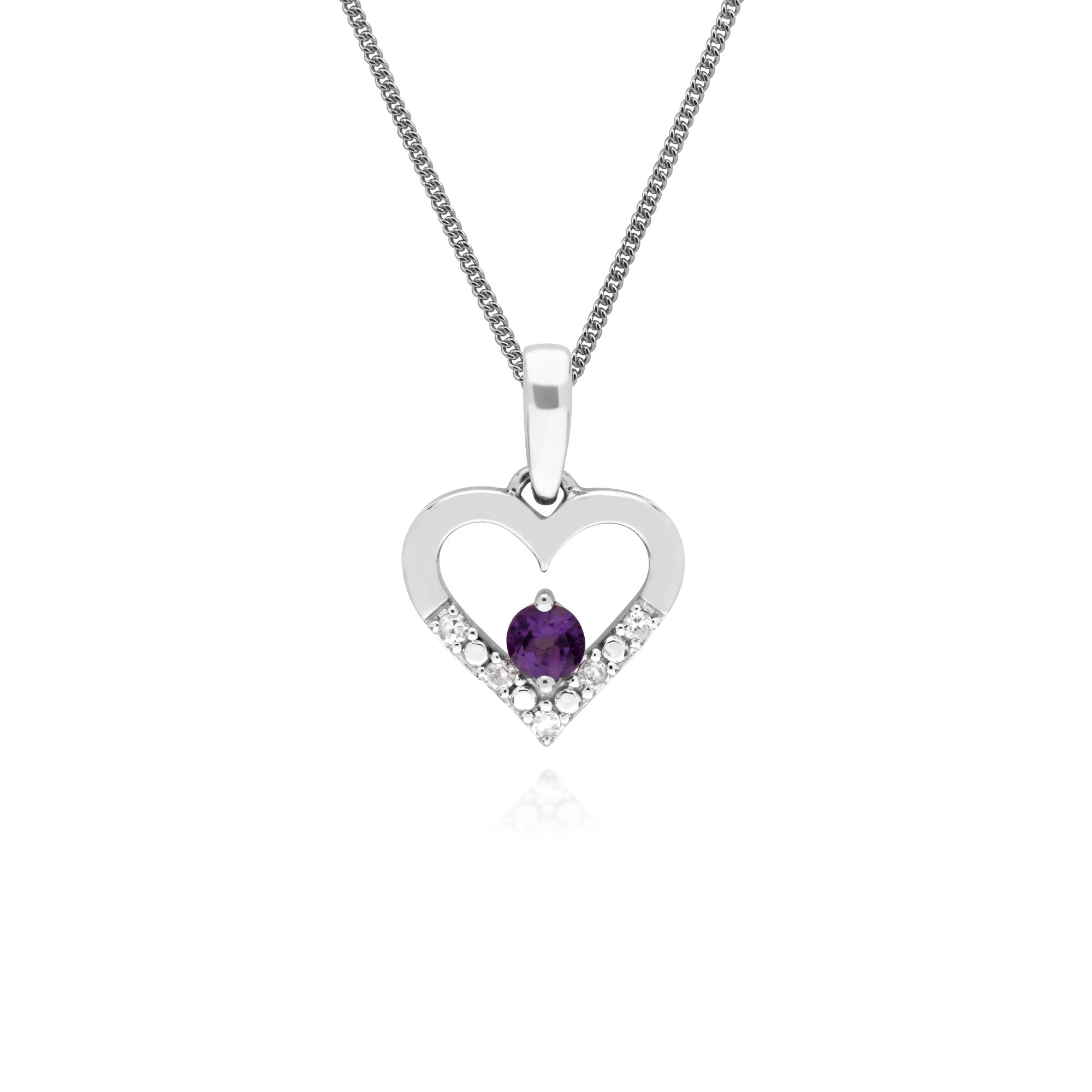 Classic Round Amethyst & Diamond Love Heart Shaped Pendant in 9ct White Gold
