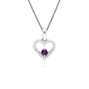 Classic Round Amethyst & Diamond Love Heart Shaped Pendant in 9ct White Gold