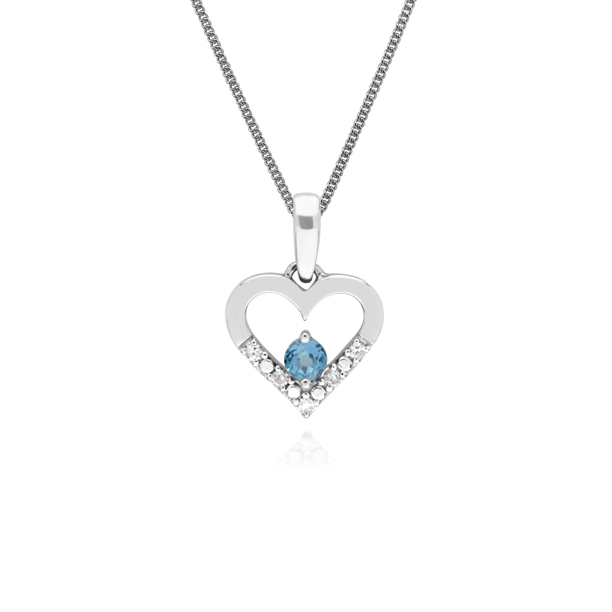 Classic Round Blue Topaz & Diamond Love Heart Shaped Pendant in 9ct White Gold
