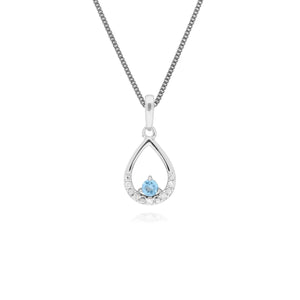 Classic Round Blue Topaz & Diamond Pear Shaped Pendant in 9ct White Gold