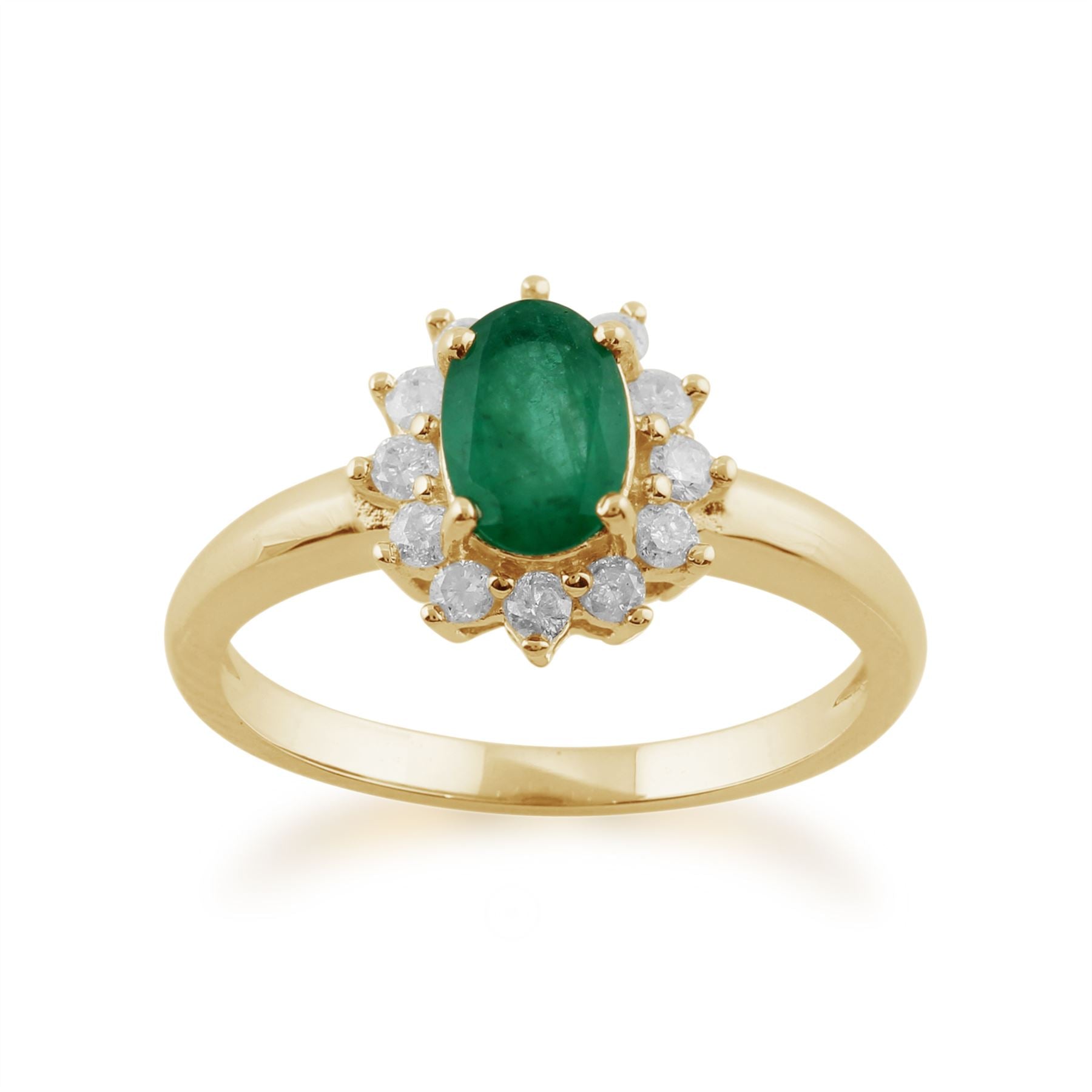Ciondolo e anello ovali classici in oro giallo 375 con smeraldi e diamanti a grappolo