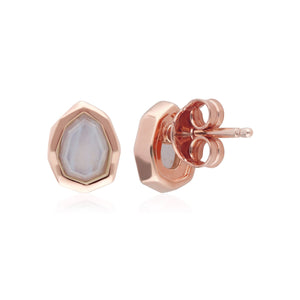 Irregular B Gem Blue Lace Agate Stud Earrings in Rose Gold Sterling Silver Back