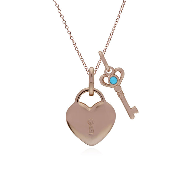 Ciondolo classico con lucchetto a cuore in argento 925 placcato oro rosa e ciondoli chiave turchese