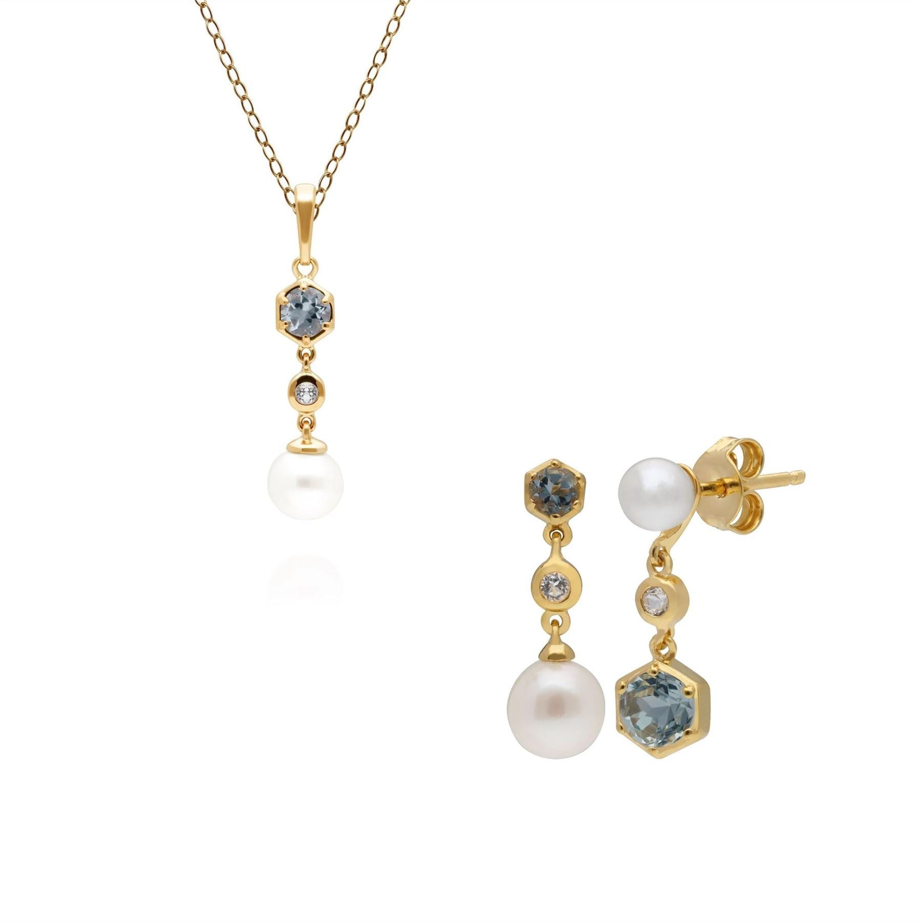 Modern Pearl, Topaz & Aquamarine Earring & Pendant Set in Gold Plated Sterling Silver
