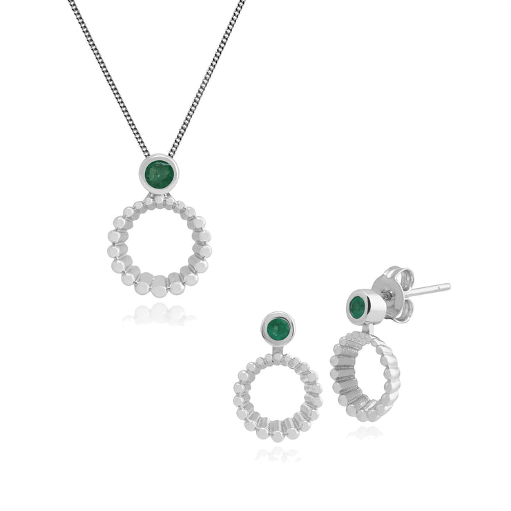 Classico pendente con smeraldo rotondo in argento 925 e orecchini pendenti con montatura a castone