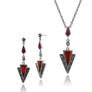 Collana e orecchini con pendente a triangolo in stile Art Déco, cabochon rosso corniola in argento 925 e marcasite