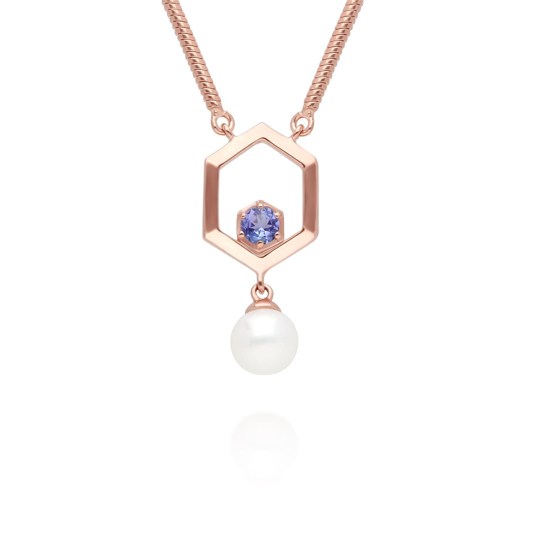 Modern Pearl & Tanzanite Hexagon Drop Necklace in Rose Gold Plated Sterling Silver