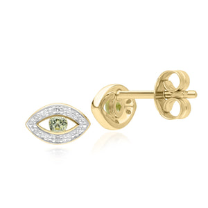 ECFEW™ Delicati Orecchini Evil Eye con peridoto e diamanti in oro giallo da 9 carati