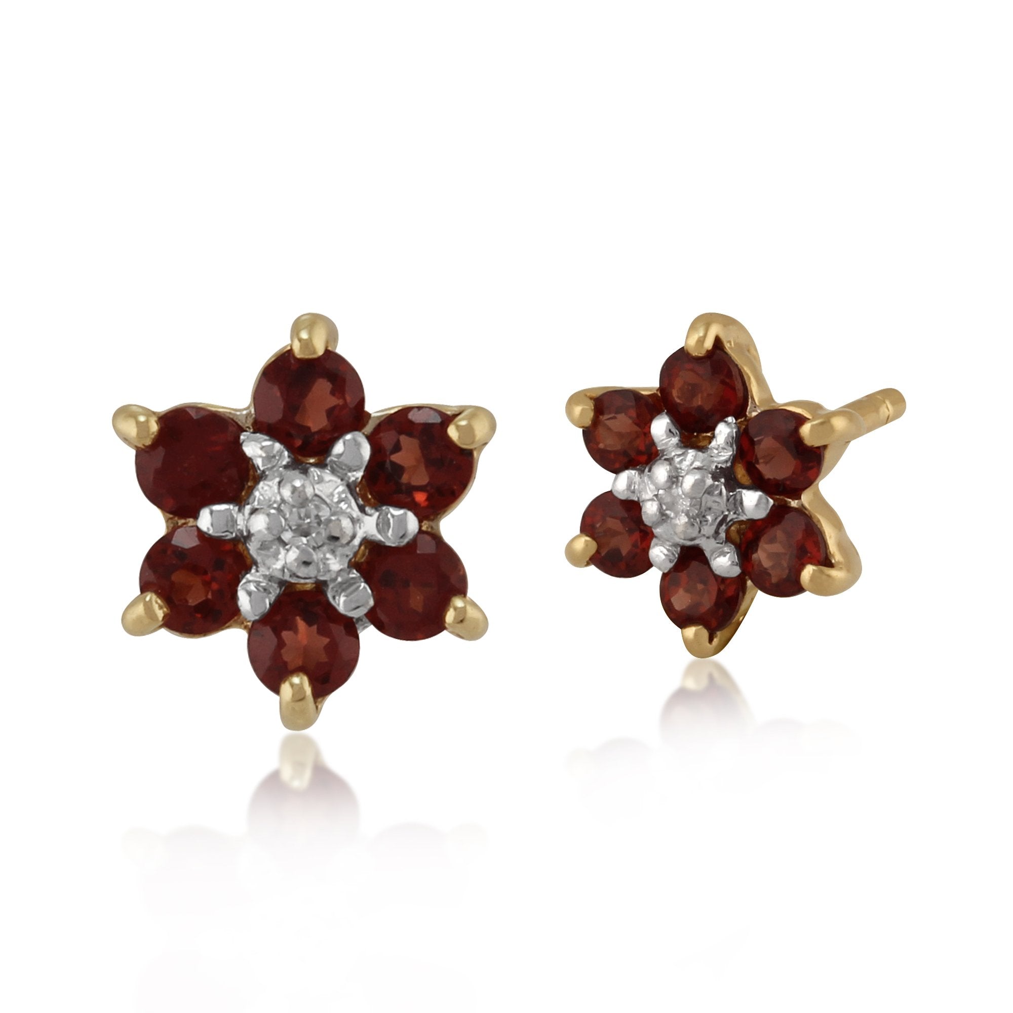 Floral Oval Garnet & Diamond Cluster Stud Earrings in 9ct Yellow Gold