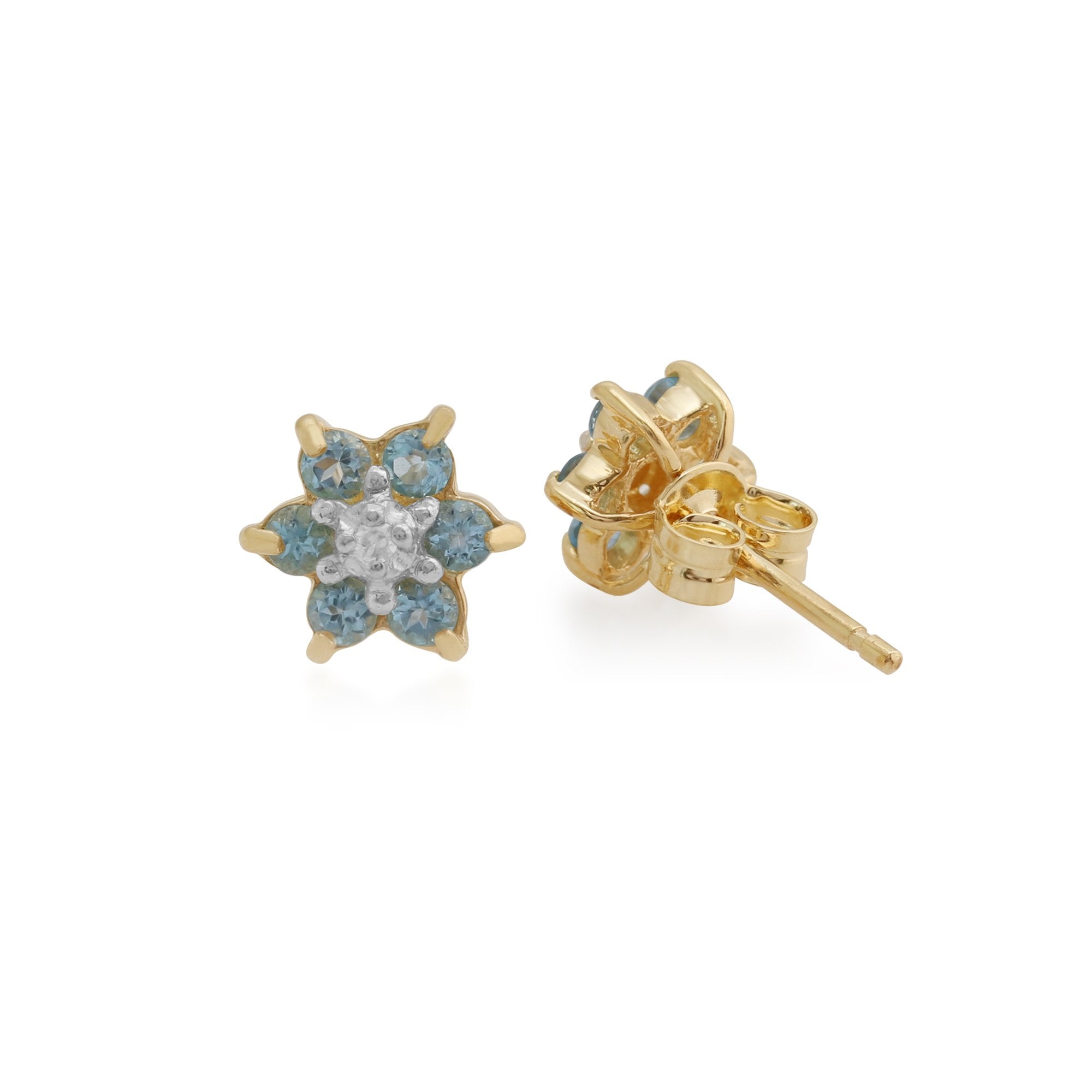 Floral Round Blue Topaz & Diamond Cluster Stud Earrings in 9ct Yellow Gold