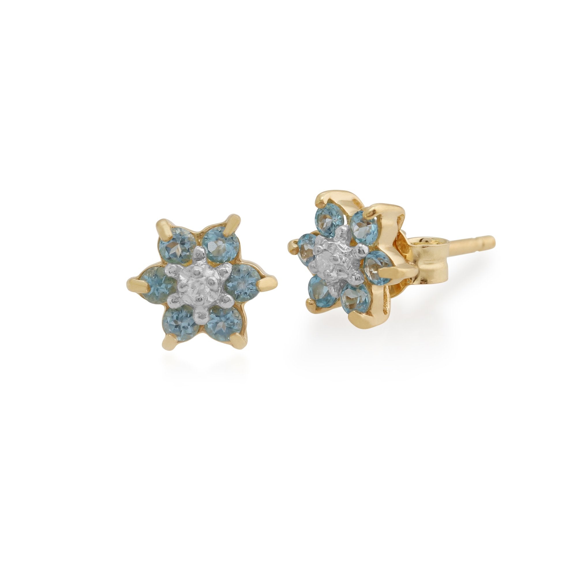Floral Round Blue Topaz & Diamond Cluster Stud Earrings in 9ct Yellow Gold