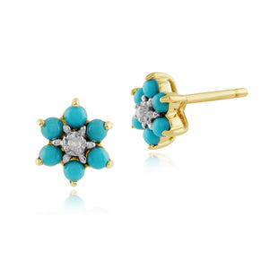 Floral Round Turquoise & Diamond Stud Earrings in 9ct Yellow Gold