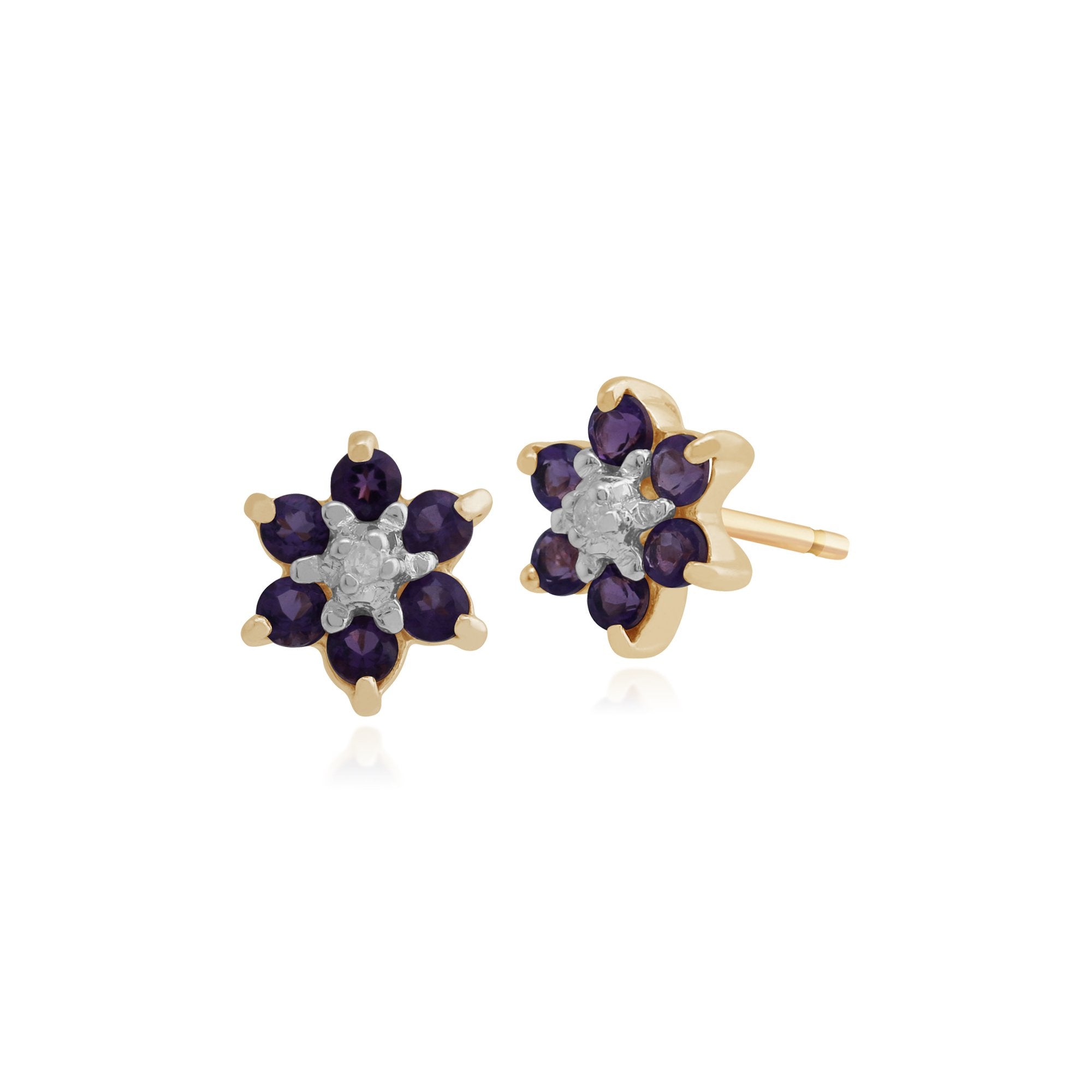 Floral Round Amethyst & Diamond Cluster Stud Earrings in 9ct Yellow Gold