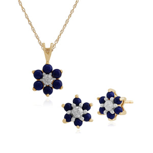 Floral Round Lapis Lazuli & Diamond Cluster Stud Earrings & Pendant Set in 9ct Yellow Gold