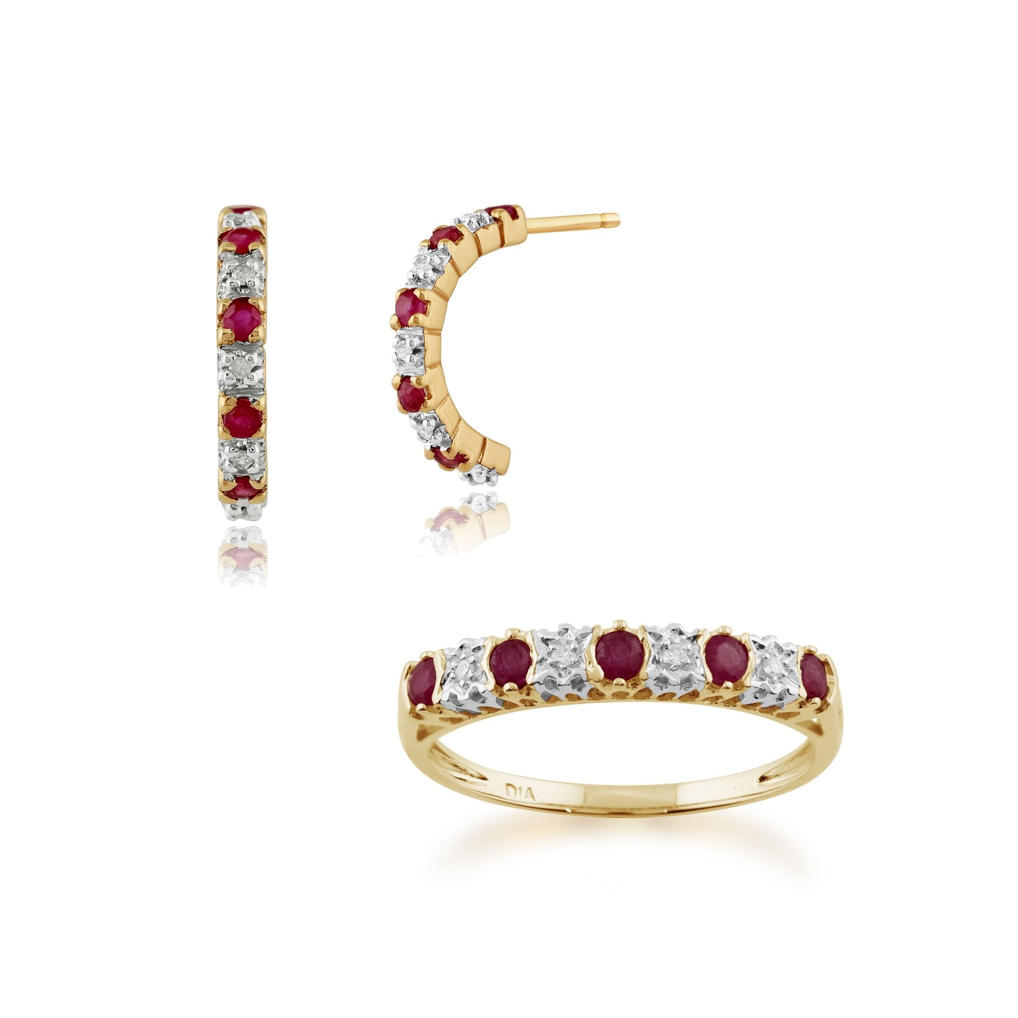 Classic Ruby & Diamond Half Hoop Earrings & Half Eternity Ring Set Image 1