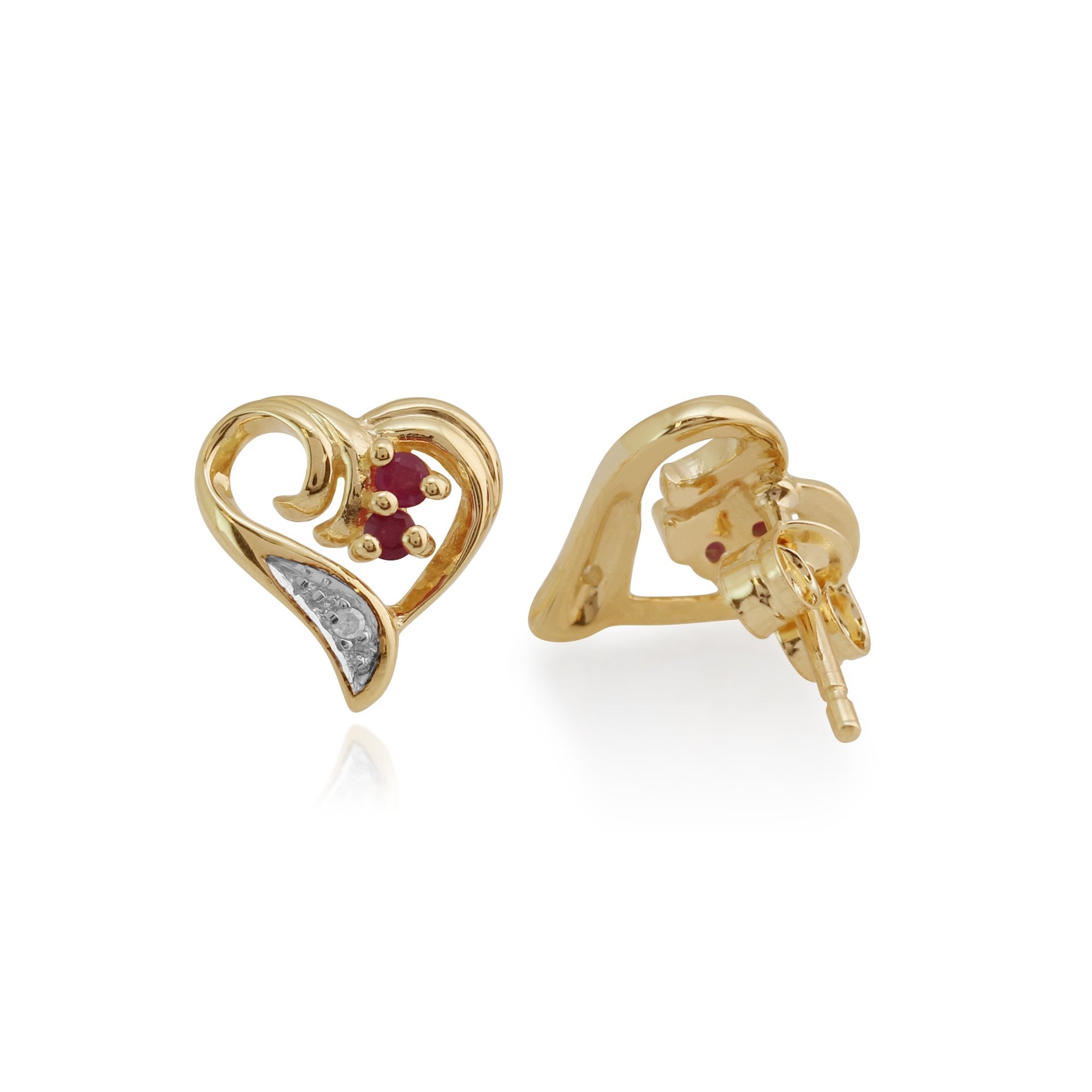 Classic Round Ruby & Diamond Swirled Love Heart Stud Earrings in 9ct Yellow Gold