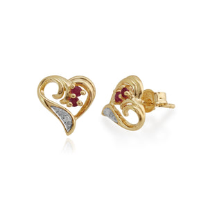Classic Round Ruby & Diamond Swirled Love Heart Stud Earrings in 9ct Yellow Gold