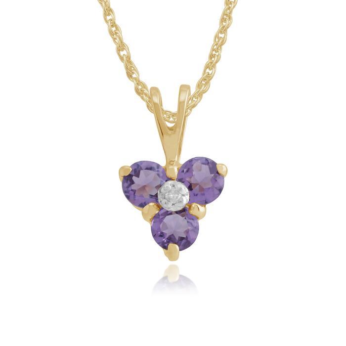 Classic Round Amethyst & Diamond Cluster Pendant in 9ct Yellow Gold