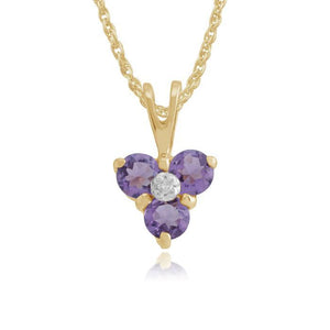 Classic Round Amethyst & Diamond Cluster Pendant in 9ct Yellow Gold