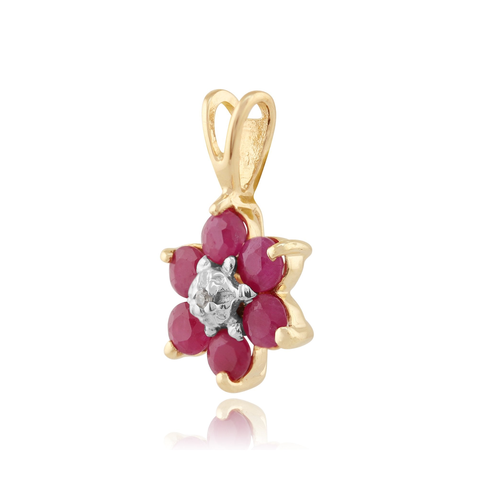 Floral Round Ruby & Diamond Cluster Pendant in 9ct Yellow Gold