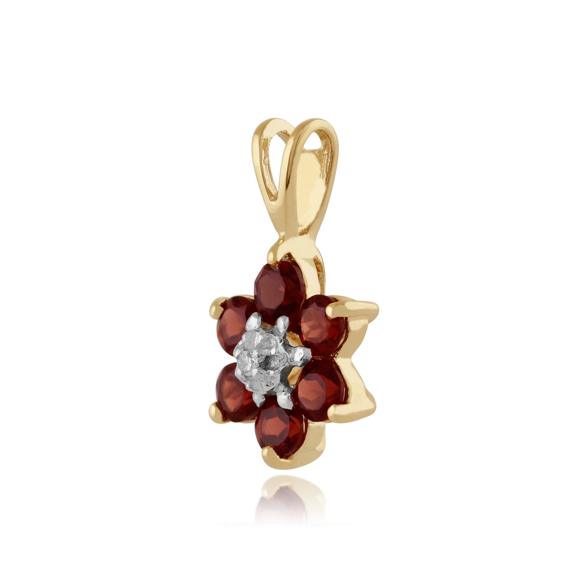 Floral Round Garnet & Diamond Cluster Pendant in 9ct Yellow Gold