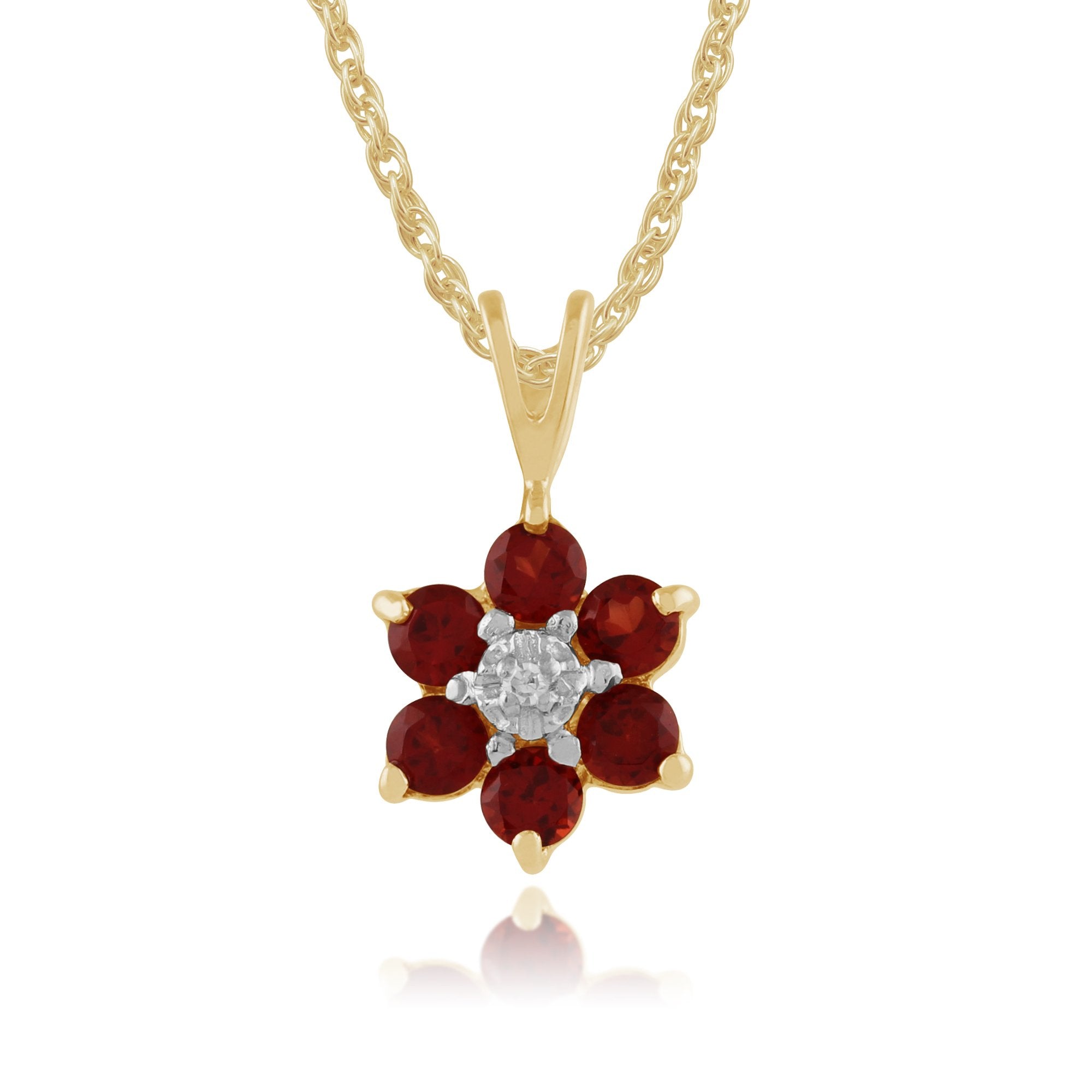 Floral Round Garnet & Diamond Cluster Pendant in 9ct Yellow Gold