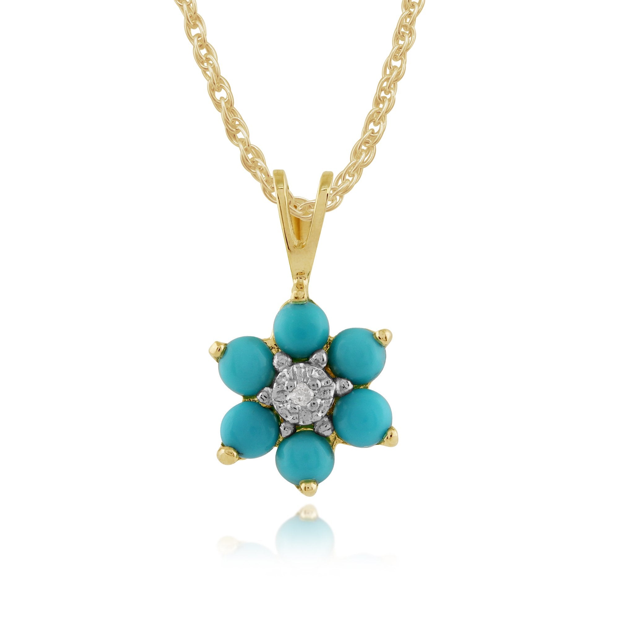 Floral Round Turquoise & Diamond Pendant in 9ct Yellow Gold