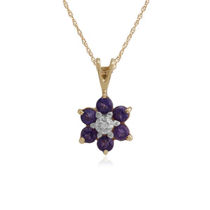 Floral Round Amethyst & Diamond Cluster Pendant in 9ct Yellow Gold
