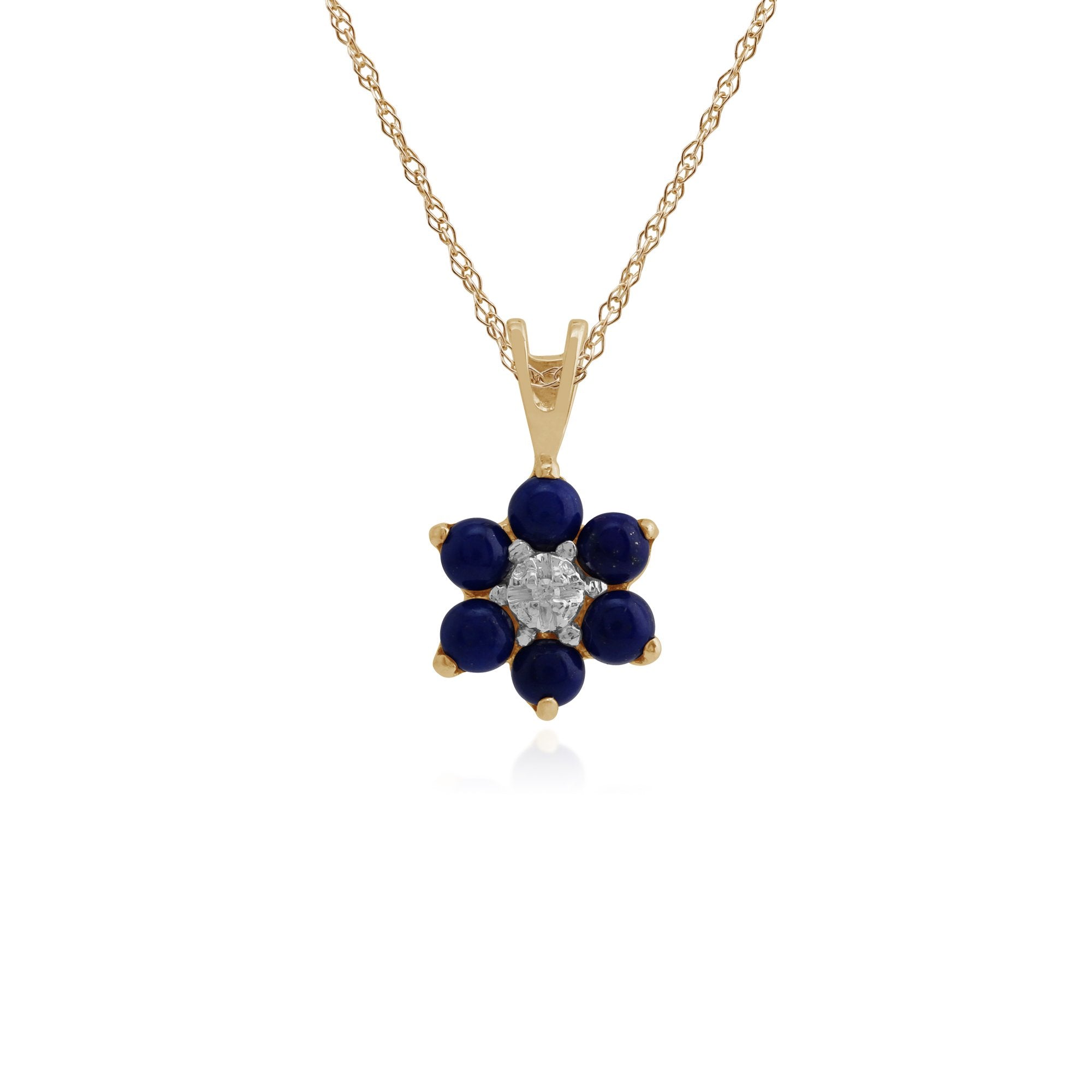 Floral Round Lapis Lazuli & Diamond Cluster Pendant in 9ct Yellow Gold