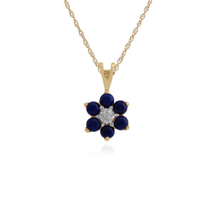Floral Round Lapis Lazuli & Diamond Cluster Pendant in 9ct Yellow Gold