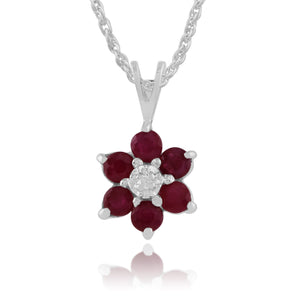 Floral Round Ruby & Diamond Pendant in 9ct White Gold