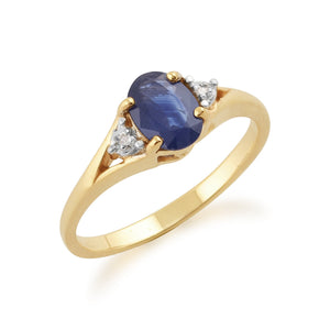 Classic Oval Light Blue Sapphire & Diamond Ring in 9ct Yellow Gold