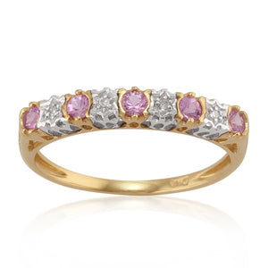 Classic Round Pink Sapphire & Diamond Half Eternity Ring in 9ct Yellow Gold