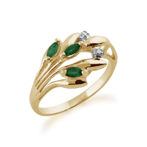 Floral 0.17ct Marquise Emerald & Diamond Ring in 9ct Yellow Gold