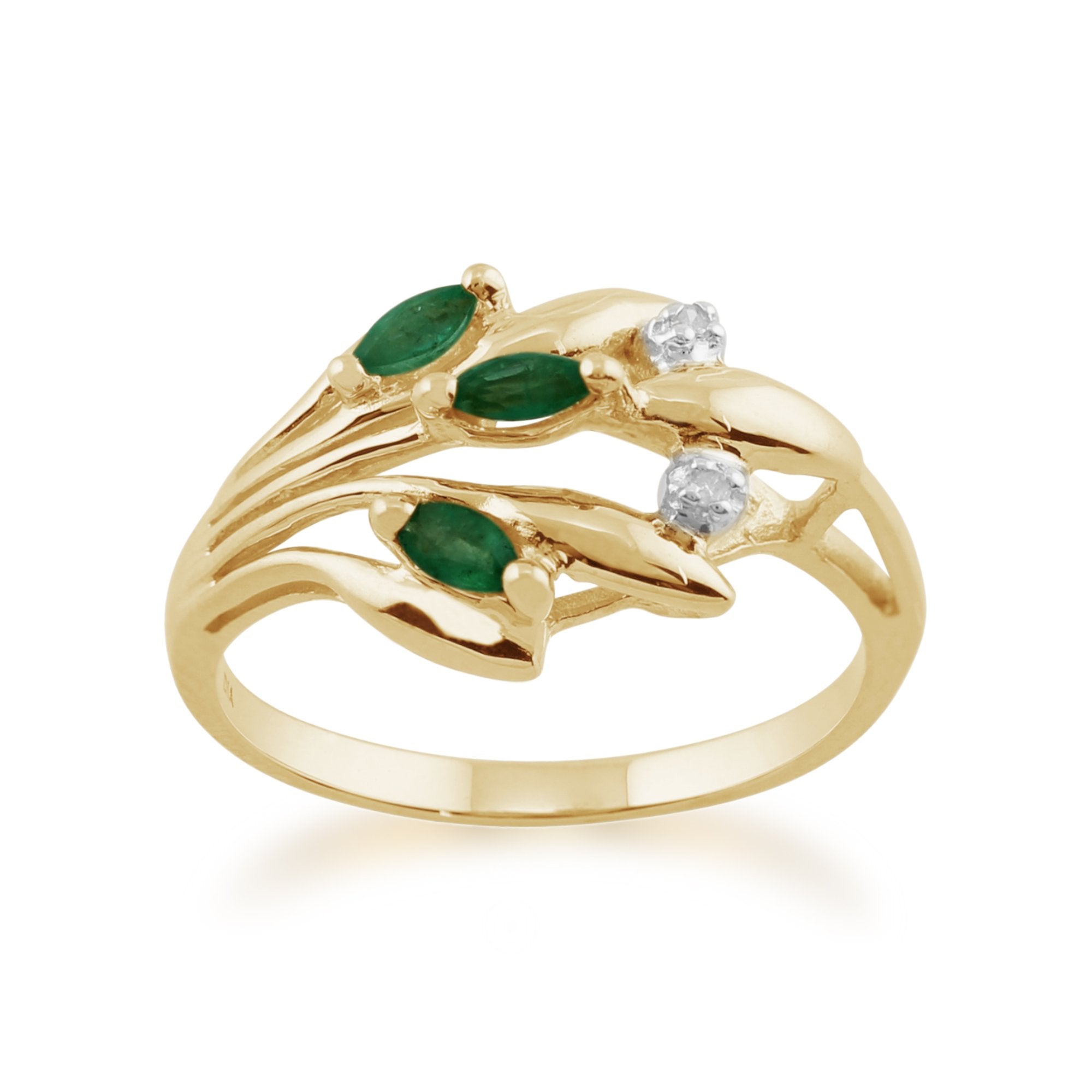 Floral 0.17ct Marquise Emerald & Diamond Ring in 9ct Yellow Gold