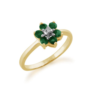 Floral Round Emerald & Diamond Cluster Ring in 9ct Yellow Gold