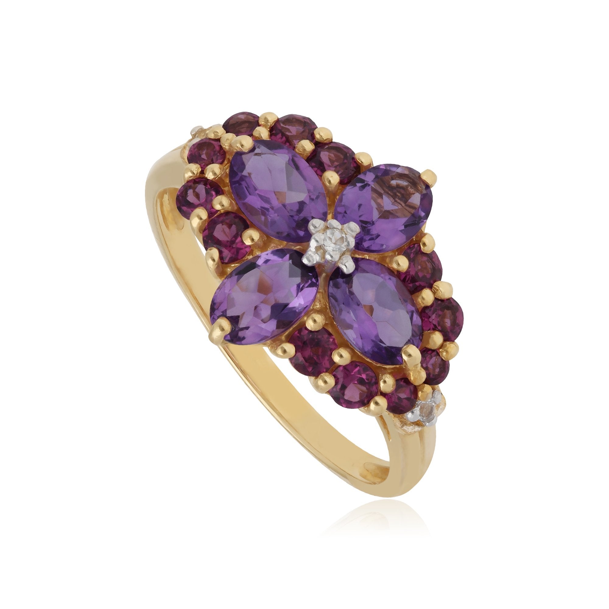 Rhodolite, White Topaz & Amethyst Floral Cocktail Ring in 9ct Yellow Gold